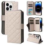 For iPhone 14 Pro Crossbody Rhombic Zipper Tower Buckle Leather Phone Case with Lanyard(Beige)
