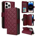 For iPhone 14 Pro Crossbody Rhombic Zipper Tower Buckle Leather Phone Case with Lanyard(Wine Red)