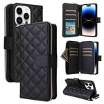 For iPhone 14 Pro Crossbody Rhombic Zipper Tower Buckle Leather Phone Case with Lanyard(Black)