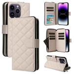 For iPhone 14 Pro Max Crossbody Rhombic Zipper Tower Buckle Leather Phone Case with Lanyard(Beige)