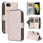 For iPhone SE 2022 / SE 2020 / 8 Crossbody Rhombic Zipper Tower Buckle Leather Phone Case with Lanyard(Beige)