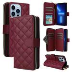 For iPhone 13 Pro Max Crossbody Rhombic Zipper Tower Buckle Leather Phone Case with Lanyard(Wine Red)