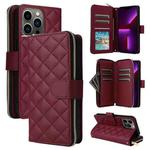 For iPhone 13 Pro Crossbody Rhombic Zipper Tower Buckle Leather Phone Case with Lanyard(Wine Red)