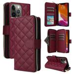 For iPhone 12/12 Pro Crossbody Rhombic Zipper Tower Buckle Leather Phone Case with Lanyard(Wine Red)