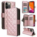 For iPhone 12/12 Pro Crossbody Rhombic Zipper Tower Buckle Leather Phone Case with Lanyard(Rose Gold)