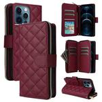 For iPhone 12 Pro Max Crossbody Rhombic Zipper Tower Buckle Leather Phone Case with Lanyard(Wine Red)