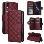 For iPhone XR Crossbody Rhombic Zipper Tower Buckle Leather Phone Case with Lanyard(Wine Red)