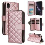 For iPhone XR Crossbody Rhombic Zipper Tower Buckle Leather Phone Case with Lanyard(Rose Gold)