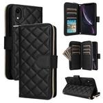 For iPhone XR Crossbody Rhombic Zipper Tower Buckle Leather Phone Case with Lanyard(Black)