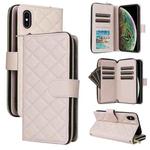 For iPhone XS Max Crossbody Rhombic Zipper Tower Buckle Leather Phone Case with Lanyard(Beige)