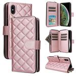 For iPhone XS Max Crossbody Rhombic Zipper Tower Buckle Leather Phone Case with Lanyard(Rose Gold)