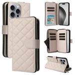 For iPhone 16 Pro Max Crossbody Rhombic Zipper Tower Buckle Leather Phone Case with Lanyard(Beige)