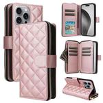 For iPhone 16 Pro Max Crossbody Rhombic Zipper Tower Buckle Leather Phone Case with Lanyard(Rose Gold)