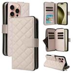 For iPhone 16 Pro Crossbody Rhombic Zipper Tower Buckle Leather Phone Case with Lanyard(Beige)