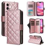 For iPhone 16 Crossbody Rhombic Zipper Tower Buckle Leather Phone Case with Lanyard(Rose Gold)