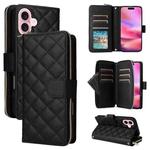 For iPhone 16 Crossbody Rhombic Zipper Tower Buckle Leather Phone Case with Lanyard(Black)