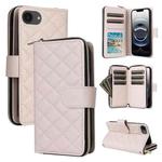 For iPhone 16e Crossbody Rhombic Zipper Tower Buckle Leather Phone Case with Lanyard(Beige)