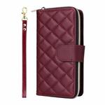 For iPhone 16e Crossbody Rhombic Zipper Tower Buckle Leather Phone Case with Lanyard(Wine Red)