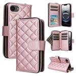 For iPhone 16e Crossbody Rhombic Zipper Tower Buckle Leather Phone Case with Lanyard(Rose Gold)