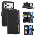 For iPhone 17 Pro Max Crossbody Rhombic Zipper Tower Buckle Leather Phone Case with Lanyard(Black)