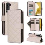 For Samsung Galaxy S22+ 5G Crossbody Rhombic Zipper Tower Buckle Leather Phone Case with Lanyard(Beige)