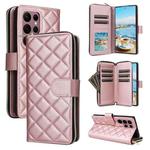 For Samsung Galaxy S22 Ultra 5G Crossbody Rhombic Zipper Tower Buckle Leather Phone Case with Lanyard(Rose Gold)