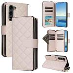 For Samsung Galaxy S23 5G Crossbody Rhombic Zipper Tower Buckle Leather Phone Case with Lanyard(Beige)