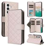 For Samsung Galaxy S23 FE 5G Crossbody Rhombic Zipper Tower Buckle Leather Phone Case with Lanyard(Beige)