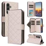 For Samsung Galaxy S24 FE 5G Crossbody Rhombic Zipper Tower Buckle Leather Phone Case with Lanyard(Beige)