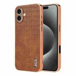 For iPhone 16 Plus AZNS Electroplated Frame Crocodile Texture Full Coverage Phone Case(Brown)