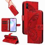 For Xiaomi Redmi 9A Swallowtail Butterfly Embossed Leather Phone Case(Red)