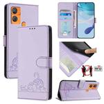 For Oukitel C33 Cat Rat Embossed Pattern RFID Leather Phone Case with Lanyard(Purple)