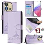 For Oukitel C57s Cat Rat Embossed Pattern RFID Leather Phone Case with Lanyard(Purple)