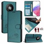 For ZTE Blade A73 5G Cat Rat Embossed Pattern RFID Leather Phone Case with Lanyard(Peacock Green)