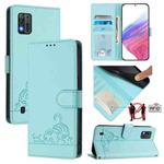 For ZTE Blade A52 Lite Cat Rat Embossed Pattern RFID Leather Phone Case with Lanyard(Mint Green)