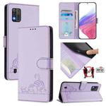 For ZTE Blade A52 Lite Cat Rat Embossed Pattern RFID Leather Phone Case with Lanyard(Purple)