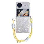 For vivo X Flip Pearlescent Shell Texture Side Buckle Phone Case with Rainbow Bracelet(White)