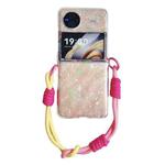 For vivo X Flip Pearlescent Shell Texture Side Buckle Phone Case with Rainbow Bracelet(Pink Green)