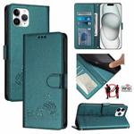 For iPhone 11 Pro Cat Rat Embossed Pattern RFID PU Phone Case with Wrist Strap(Peacock Green)