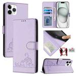 For iPhone 11 Pro Cat Rat Embossed Pattern RFID PU Phone Case with Wrist Strap(Purple)