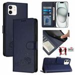 For iPhone 12 mini Cat Rat Embossed Pattern RFID PU Phone Case with Wrist Strap(Blue)