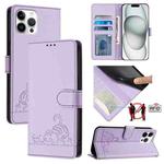 For iPhone 12 Pro Max Cat Rat Embossed Pattern RFID PU Phone Case with Wrist Strap(Purple)
