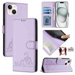 For iPhone 13 / 14 Cat Rat Embossed Pattern RFID PU Phone Case with Wrist Strap(Purple)