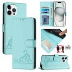 For iPhone 13 Pro Max Cat Rat Embossed Pattern RFID PU Phone Case with Wrist Strap(Mint Green)