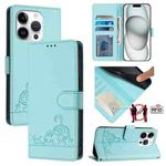For iPhone 14 Pro Cat Rat Embossed Pattern RFID PU Phone Case with Wrist Strap(Mint Green)