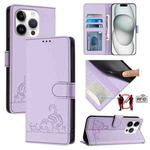 For iPhone 14 Pro Cat Rat Embossed Pattern RFID PU Phone Case with Wrist Strap(Purple)