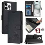 For iPhone 14 Pro Max Cat Rat Embossed Pattern RFID PU Phone Case with Wrist Strap(Black)