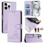 For iPhone 14 Pro Max Cat Rat Embossed Pattern RFID PU Phone Case with Wrist Strap(Purple)