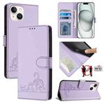For iPhone 15 Cat Rat Embossed Pattern RFID PU Phone Case with Wrist Strap(Purple)