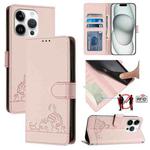 For iPhone 15 Pro Cat Rat Embossed Pattern RFID PU Phone Case with Wrist Strap(Pink)